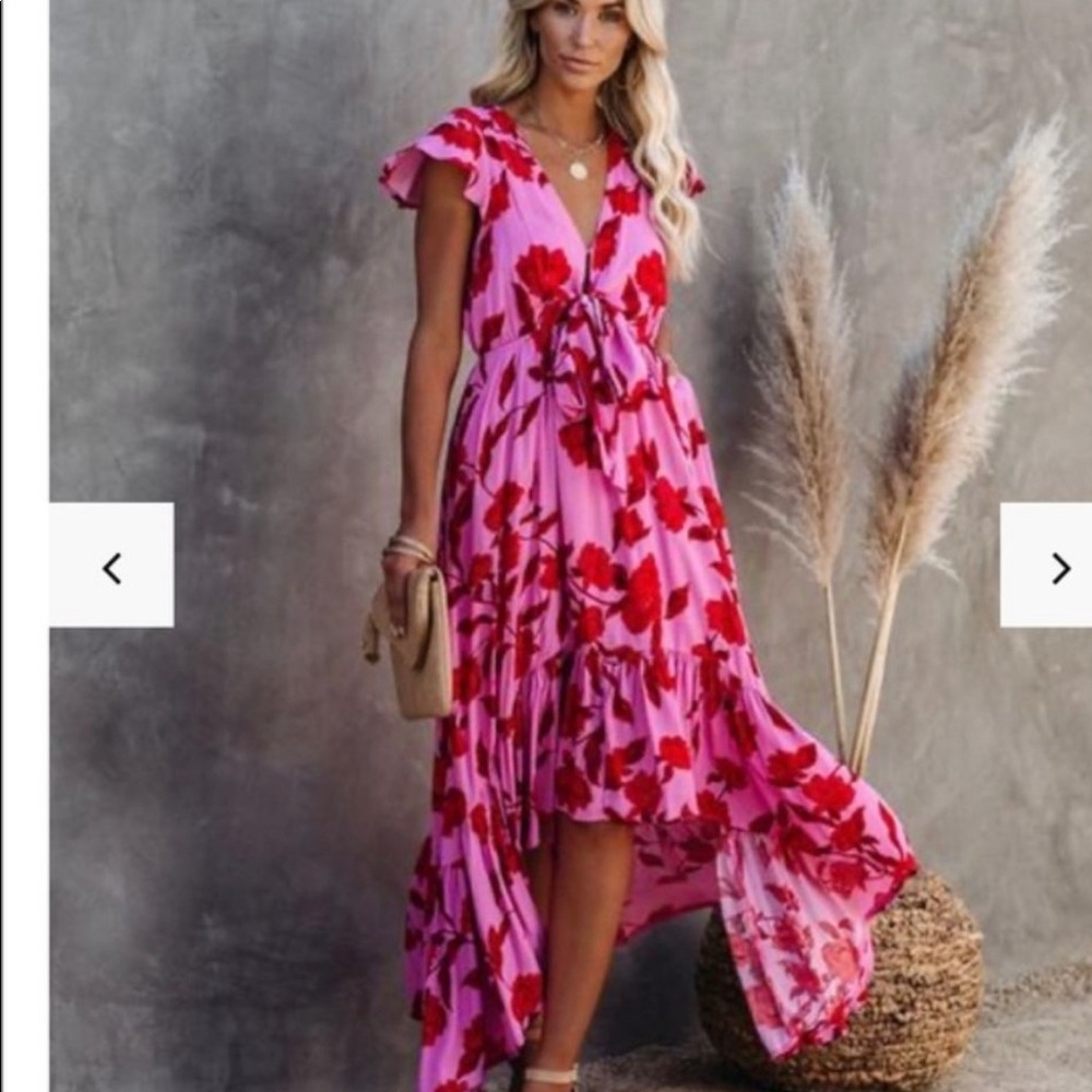 VICI Floral Pink with Red Floral Print Women's High Low Ruffled Dress Size Med